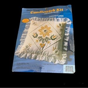 Vintage Embroidery Pillow Candle wick  Kit Lace Edge Yellow Floral White Craft
